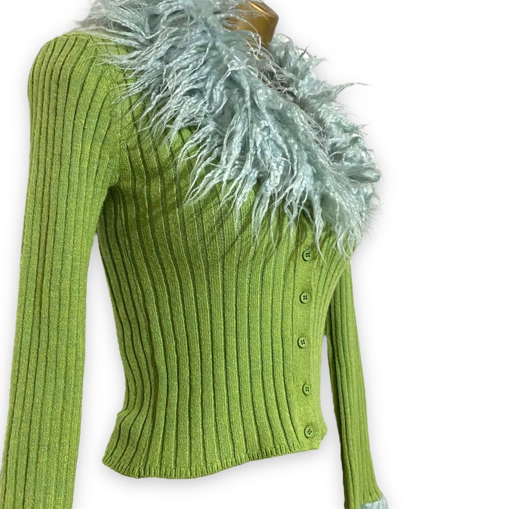 Urban Outfitters Cardigan Y2K Faux Fur Collar Cuffs Slim Fit Green XS Ribbed 90s - Picture 8 of 10